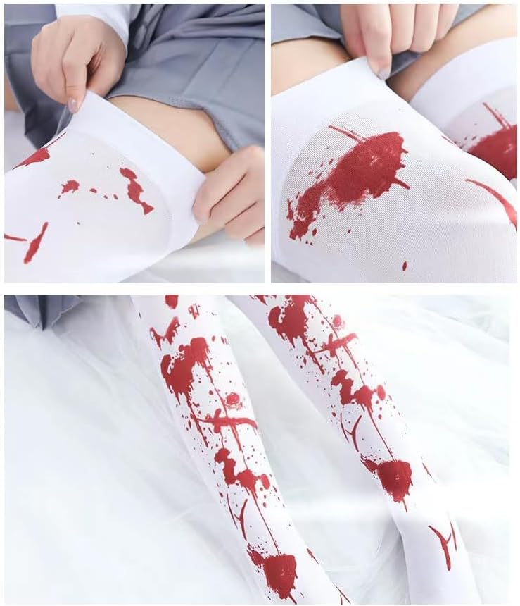 Halloween Knee High Socks Blood Splattered Costume & Dress Up Stockings Zombie Tights Nurse Bloody Costume for Women Girls,White