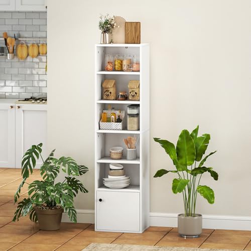 HOMCOM Tall Bookcase, 6-Tier Narrow Bookshelf with 3 Adjustable Shelves and Cupboard, Modern Freestanding Shelving Unit for Living Room, Home Office, White - Image 7
