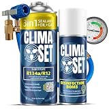ClimaSet - 3-in-1 R134a Kältemittel, Öl, Dichtmittel & Klimaanlage Reiniger Auto & Schlauch - Klima Selbst Befüllen Set - Nachfüllset, Autoklima Nachfüllen - 170g