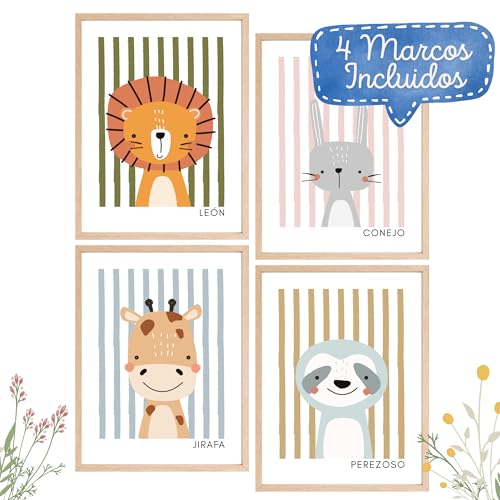 Happy Animals Wall Art Set – 4 adorables animales con marco de madera | Decoración para habitación infantil y de bebé | Set de cuadros premium en papel fotográfico 200 g/m²