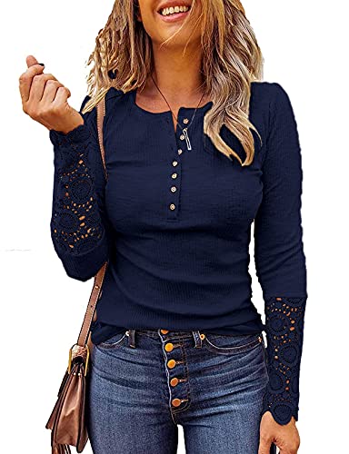 Image of Kancystore Women's Fall Long Sleeve Tops Lace V Neck Button Down Henley Shirts Tunic Blouses