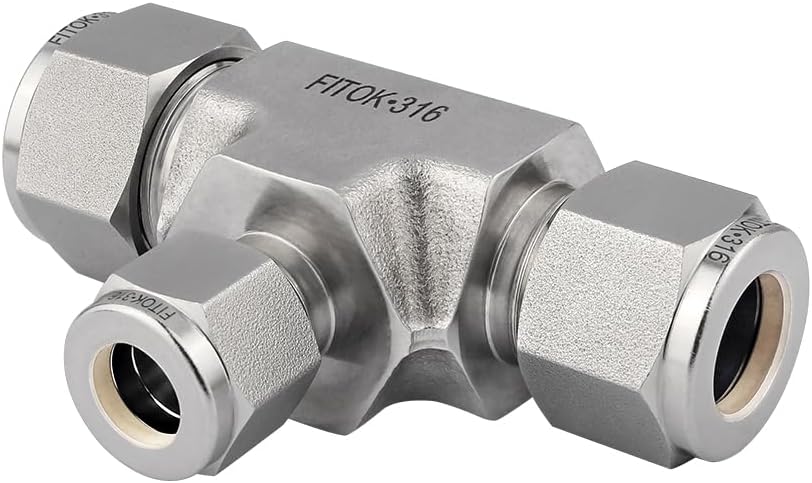316 Stainless Steel Compression Fitting Reducing Union Tee 1/2" x 3/8" x 1/2" Tube OD 6700 psi, SS-TTT-FL8-FL6-FL8