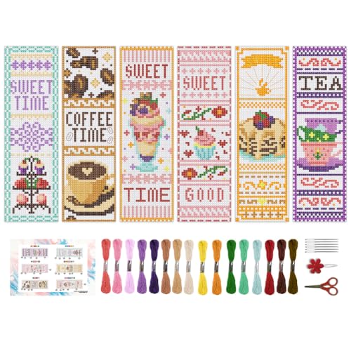 Image of BEUNITONE 6 Pcs Cross Stitch Bookmark Kit for Beginner Coffee and Sweet Time Theme Hand Embroidery Kit with Instruction Tea Stamped Embroidery Bookmarks Handmade for DIY Crafts Book Lovers 8.5''x3''