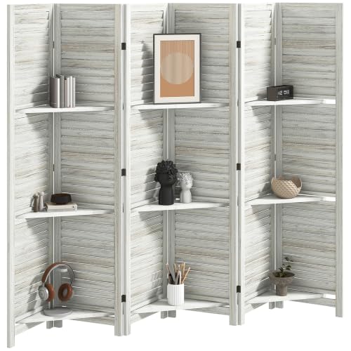 HOMCOM Room Divider with Shelves 6 Panel 67" Wood Screen Distressed White