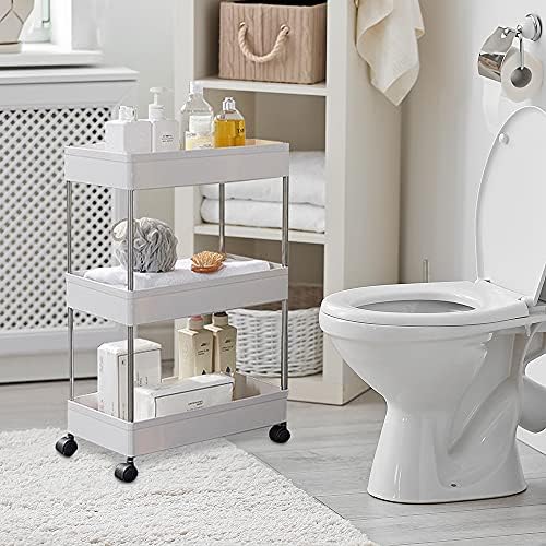 Beowanzk 3 Tier Trolley,Kitchen Bathroom Storage Trolley on Wheels, Rolling Utility Cart Storage Shelf Rack Multi-purpose Shelving Organizer for Office, Bedroom,Laundry Room, White