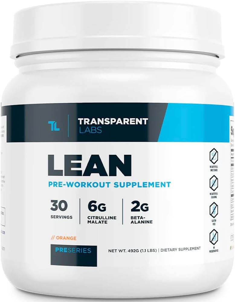 Transparent Labs Lean Pre-Workout - Body Recomposition Pre Workout for Men and Women with Acetyl L-Carnitine, Beta Alanine Powder, & PurCaf Organic Caffeine Powder - 30 Servings, Orange