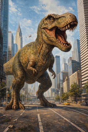 ARTICULOZY Città dell'Apex: incontro urbano Hyper realistico T-Rex - 61 x 102 cm arte murale su tela arrotolata per la decorazione moderna della casa