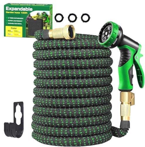 Tuyau d’arrosage extensible de 100 pi avec raccords en laiton massif de 1,9 cm, tuyau rétractable sans fuite avec 10 buses de pulvérisation fonctionnelles, tuyau flexible à 3 noyaux en latex pour