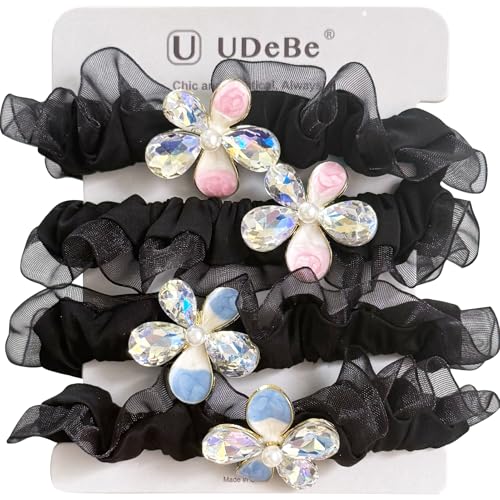 UDeBe Silk Scrunchies Hair Ties 4Packs – Super Soft Thin Hair Scrunchies, Gentle on Hair, Faux Pearl & Crystal Flower Decorated Hair Accessories for Women