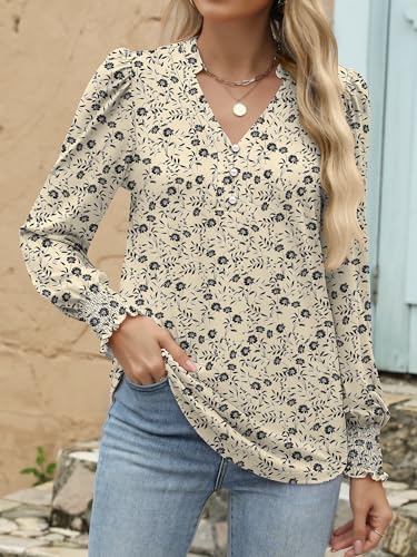 ANRABESS Womens Puff Long Sleeve Shirts Dressy Casual Blouses 2025 Fall V Neck Loose Fit Floral Business Work Tunic Tops3