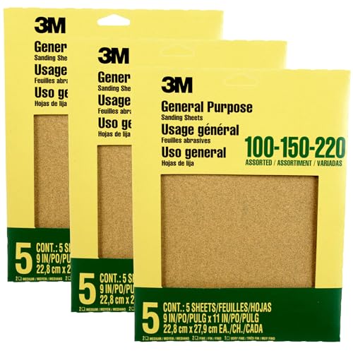 3M Aluminum Oxide Sandpaper, 5 Sheets, Assorted Grit 100-150-220, 9-in x 11-in, Multi-Purpose Abrasive Sanding Paper, for General Purpose Sanding On Paint, Wood and Metal (9005NA), 3-Pack