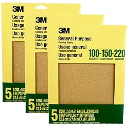 3M Aluminum Oxide Sandpaper, 5 Sheets, Assorted Grit 100-150-220, 9-in x 11-in, Multi-Purpose Abrasive Sanding Paper, for General Purpose Sanding On Paint, Wood and Metal (9005NA), 3-Pack