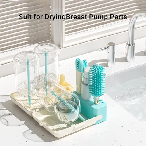 Image of Aynmer Baby Bottle Brush Cleaner Set - 10 In 1 Travel Bottle Cleaning Brush Kit with Silicone Bottle Brush, Nipple Brush, Soap Dispenser, Portable Drying Rack, Breast Pump & Bottle Cleaning Kit -Green