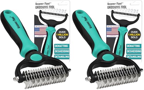 Maxpower Planet Hair Brush - Double Sided Shedding, Dematting Undercoat Rake for Dogs and Cats - Extra Wide Dog Grooming Brush, Reduce Shedding by 95%, Turquoise (Pack of 2)