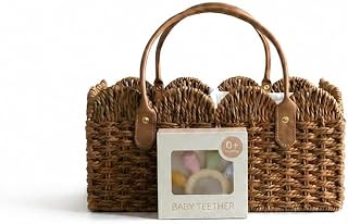 Diaper Caddy Organizer with BPA-Free Silicone Teether, Wicker Basket with Handle, Nursery Storage Organizer, Changing Table Organizer.