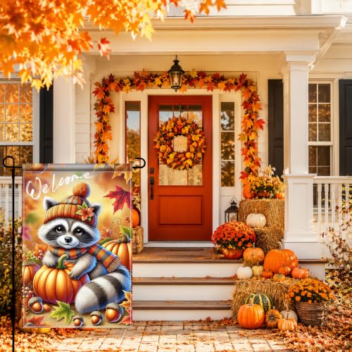Image of BlissYard Fall Garden Flag 12x18 Inch Cute Raccoon Pumpkin Welcome Decor | Double sided polyester, fall raccoon pumpkin design, cozy woodland decor for Thanksgiving porch and yard