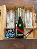 Box (leer oder komplett) aus Holz, handgefertigt, Fächer für Flaschen, 2 Gläser, Flaschenöffner, Süßigkeiten, personalisierbar mit Gravur, verziert mit Trauben (Champagner Mumm Grand Cordon Rouge)