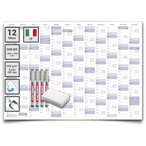 Calendario murale annuale 2026 cancellabile ad acqua 140x100 cm –