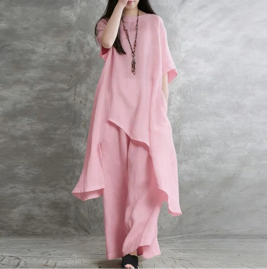 Women Linen Two Piece Set Loose Fit Top Wide Leg Pants Casual Summer Outfit
