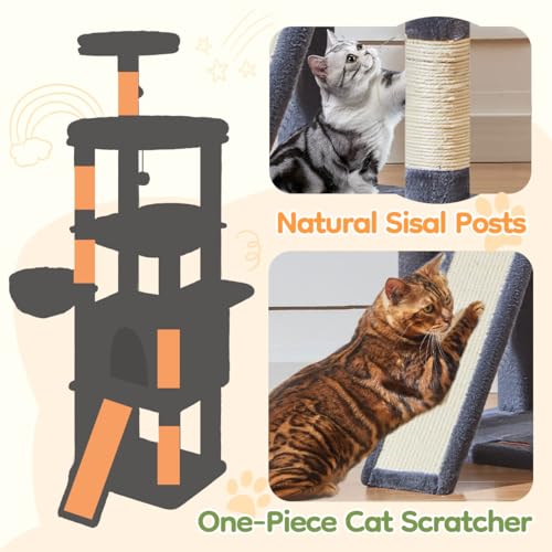Image of Taoqimiao 72 Inches Cat Tree for Large Cats, Multi-Level Tall Cat Tower, Widened Cat Condo with Large Scratch Board, 5 Scratching Posts, Metal Hammcock, Cozy Basket, Smoky Gray, MS045G