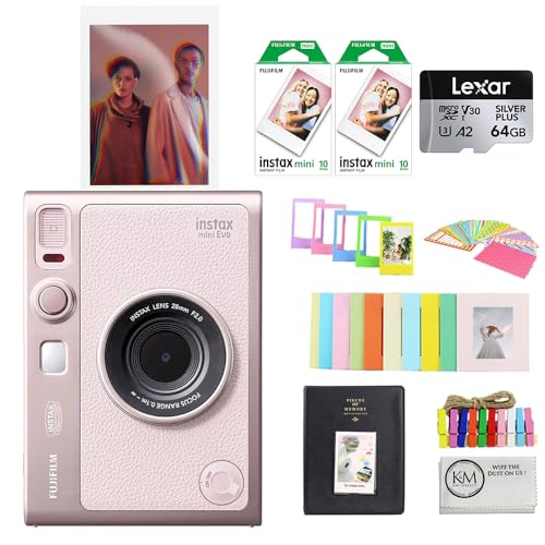 FUJIFILM INSTAX MINI EVO Hybrid Instant Camera | Gentle Rose Bundle with Instax Mini Film | 20 Exposures + 64GB Micro SD Card + Mini Album, Borders, Stickers & Clips + Cleaning Cloth (5 Items)