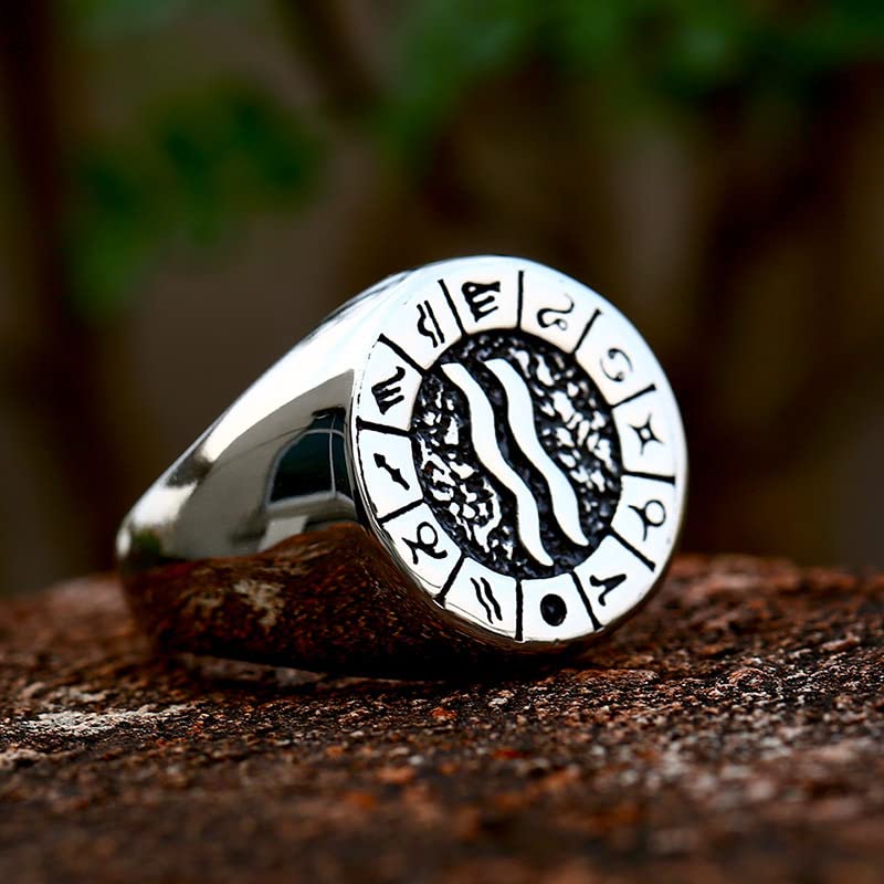 Image of Unisex 12 Constellation Zodiac Sign Signet Ring | Stainless Steel, Hip Hop Sign Signet, Horoscope Astrology Jewelry, Birthday Gift