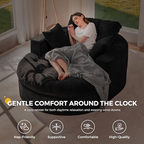 Image of MAXYOYO Modular Sectional Chaise Lounge Sofa, 2 Sets Upholstered Lounge Chair with Ottoman, Comfy Round+ Square Couch with Layered Cushion, Tufted Sleeper Chair for Living Room, No Assembly, Black