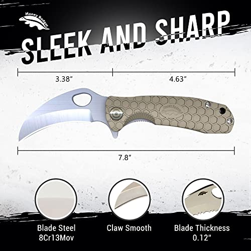 Western Active Honey Badger Pocket Knife, Edc Claw Hawkbill Folding Utility Knife, Edc Knife With Stainless Steel Blade, Claw Pocket Knives, Reversible Pocket Clip - 3.4" (Claw Smooth Large Tan) #TOP1