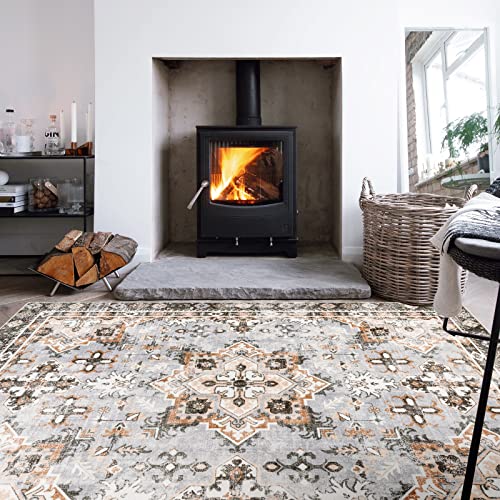 Carvapet Machine Washable Area Rug Faded Distressed Vintage Medallion Home Decor Thin Carpet Non Slip Soft Velvet Accent Floor Cover For Dining Room Living Room Bedroom, 5' X 7', Sage #TOP2