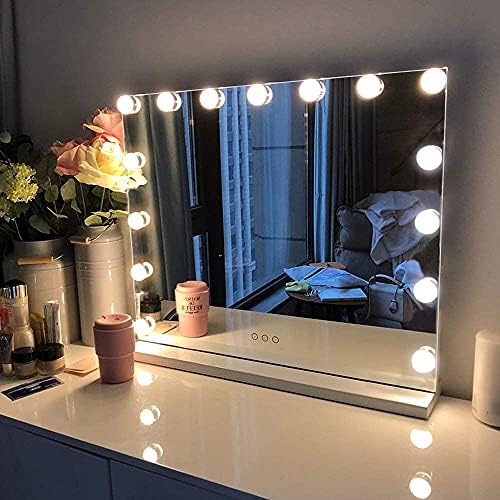 FENCHILIN Hollywood Vanity Mirror with Type-C and USB Output Port Hollywood Makeup Mirror with Lights Lighted Makeup Mirror with 15 Bulbs 3 Lighting Modes Tabletop and Wall Mounted Cosmetic Mirror