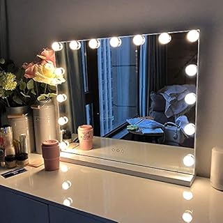 FENCHILIN Hollywood Vanity Mirror with Type-C and USB Output Port Hollywood Makeup Mirror with Lights Lighted Makeup Mirror with 15 Bulbs 3 Lighting Modes Tabletop and Wall Mounted Cosmetic Mirror