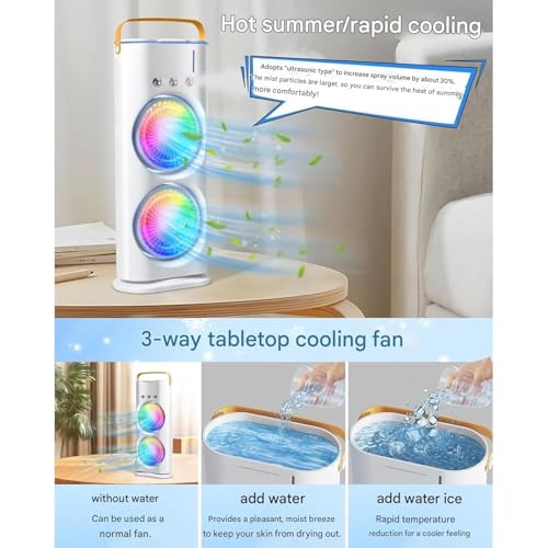 Image of Drumstone (๐๐+๐ ๐ฌ๐ฒ๐ฎ๐ฟ๐ Warranty 4000mAh Double Spray Mist Fan | Rechargeable Cold Air Desk Fan with 280ml Water Tank | 3 Speed & Mist Modes | USB-C, Remote Control, 7-Color LED Light (WHITE)