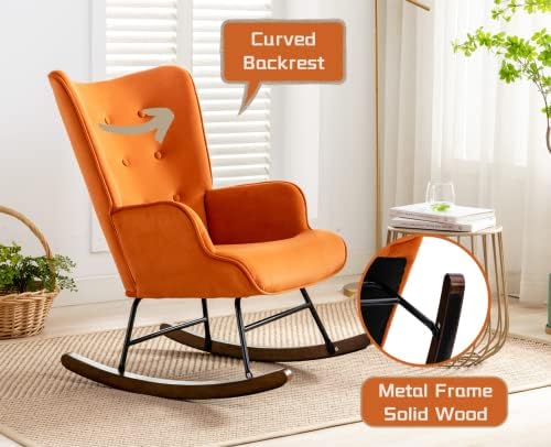 Wahson Velvet Rocking Chair Modern Armchair Tufted Wingback Accent Chair with Thick Padded Seat, Leisure Relax Chair for Nursery/Bedroom/Living Room