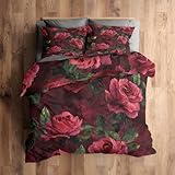 Generisch 155x220 Bettwäsche Rote Rosen Bettbezug   2tlg, 1 Kissenbezug 80x80, Vintage Blumen Muster, Schlafzimmer Deko, Weiche Mikrofaser Wendebettwäsche mit Reißverschluss N232A