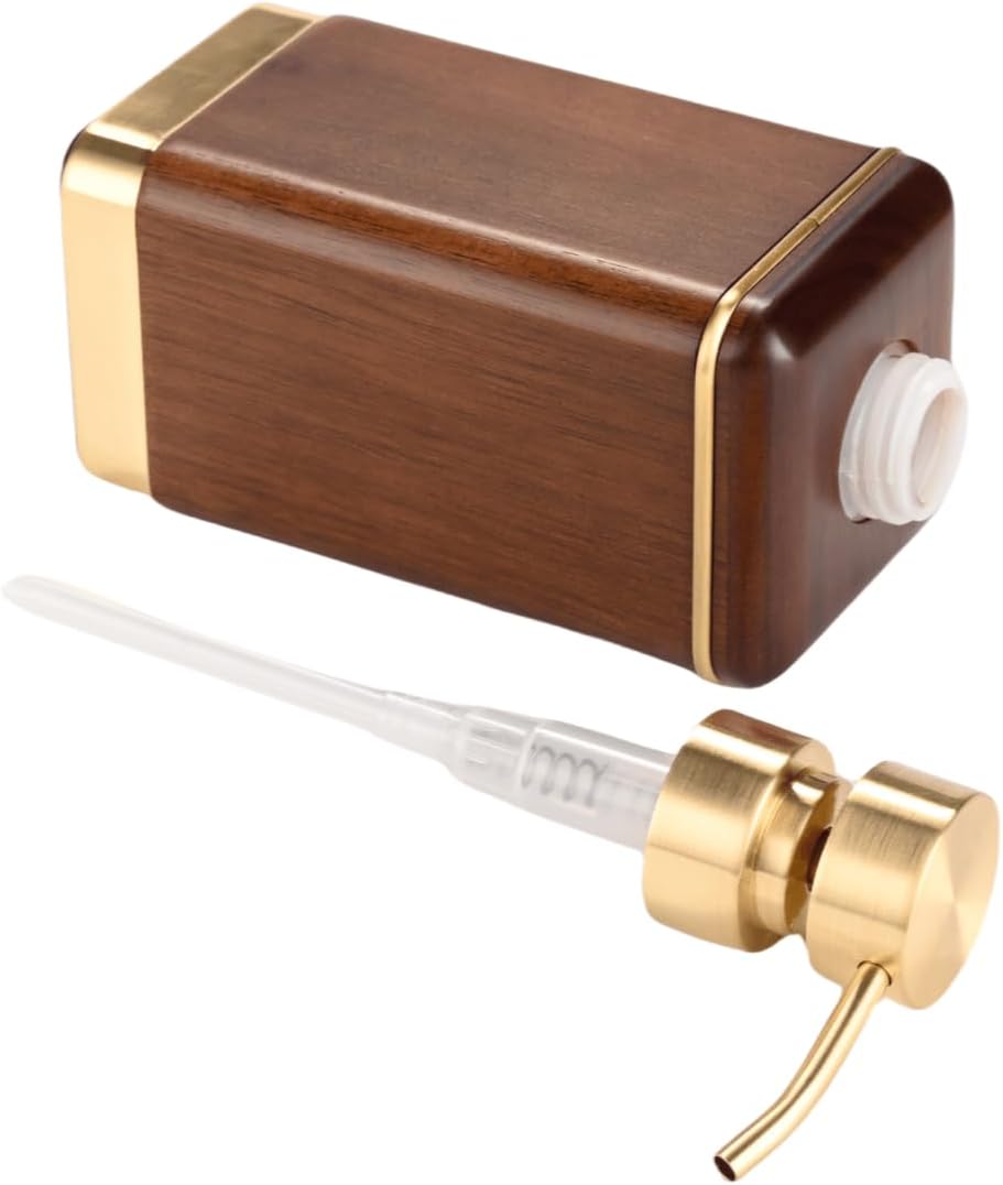 MIHIRO 4-Piece Solid Acacia Wood Bathroom Accessory Set with Tray, Wooden Soap Dispenser Tumbler Soap Dish for Vanity Countertop Copper Accents Walnut Brown(Chestnut)