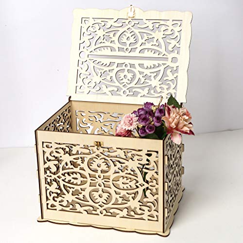 Card Box Rustic Large Wood Hollow Gift Card Holder with Lock Money Box for Wedding Receptions, Birthday, Graduation, Baby Shower Party Decor (Yellow 1, Large)