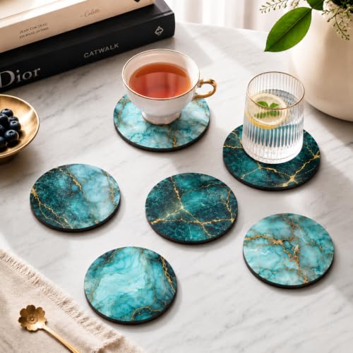 Image of GKD Wooden Marble Coasters Set of 6 | Glossy MDF Drink Coasters for Tea, Coffee, Wine Glass | Heat Resistant Table Coaster Set | Home, Dining, Office Use | Made in India
