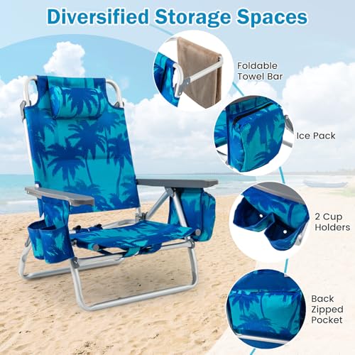 Image of Giantex Folding Beach Chair, Patio Sling Chairs with 5 Adjustable Position, Head Pillow, Storage Bag, Towel Bar, Cup Holders, Backpack Chairs for Sunbathing, Camping Chair