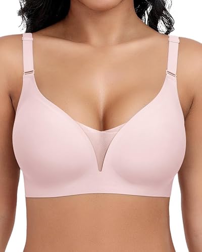 Jiuday BH Damen ohne Bügel Große Brüste Starker Halt Bügelloser Push Up Seitenträger BH Nahtloser Bequem Klassische Soft T Shirt Bra Gepolstert Mesh Bralette (Rosa,M)