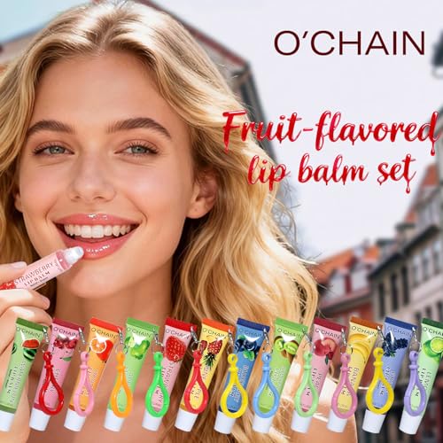 O'CHAIN 12 Flavors Lip Balm Set with Portable Keychain, Moisturizing Lip Balm with Vitamin E, Nourishing Hydrating Lip Care and Repair, Lip Kit for Women and Girls