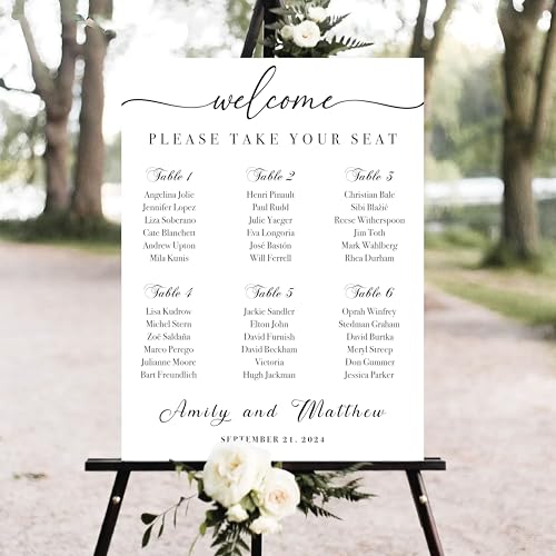 KOLSTRAW Personalized Wedding Seating Chart, Custom Guest List and Seating Table Chart, Wedding Find Your Seat Chart, Plastic Sign Weatherproof, Printed Front & Back and Stand Option #17