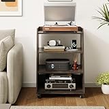 Rresyet 22.1' Record Player Stand with Charging Station & LED Lights,4-Tier Vinyl Record Storage with Wheel & Open Divided Shelves, Record Cabinet for Music Room, Living Room