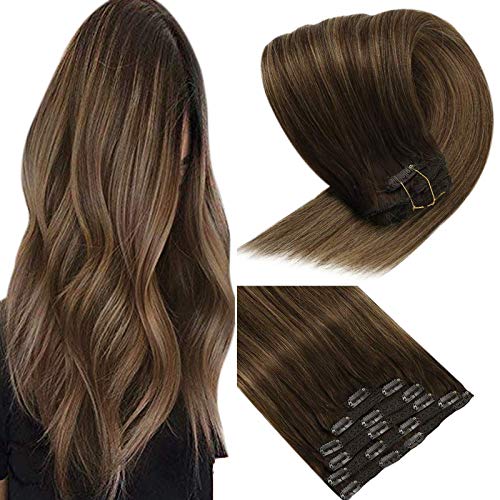 VeSunny Clip in Hair Extensions Remy Human Hair Balayage Color #4 Dark Brown Fading to #27 Caramel Blonde Mix #4 Brown Clip in Remy Human Hair Extensions 14" 7pcs/120g