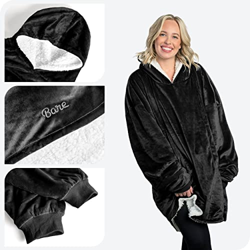 Bare Home Sherpa Fleece Wearable Blanket - Oversized Wearable Blanket Hoodie - Adult Size - Warm & Cozy - Soft Plush Blanket - Comfortable Blanket Sweatshirt With Dual-Sided Pocket (Adult, Black) #TOP2