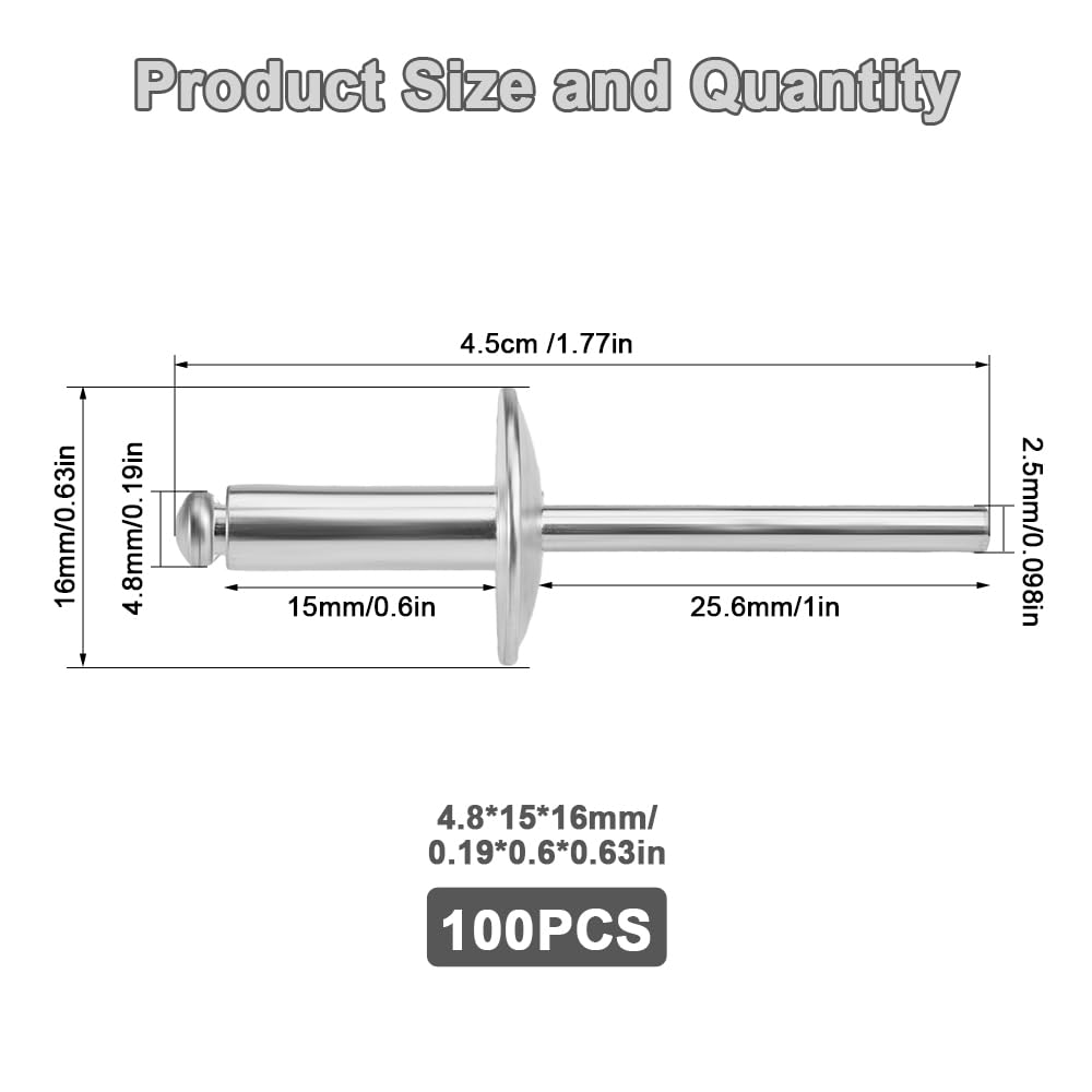 4.8mm x 16mm Rivetti Ciechi in Alluminio, 100 Pezzi Rivetti a Strappo in Alluminio, Rivetti Flangiati Grandi, Rivetti Ciechi, Rivetto Cieco a Testa per Rivetti a Strappo Legno Plastica