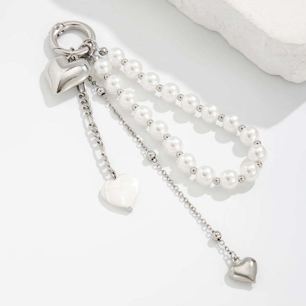White Pearl Beaded Keychain Charms Silver Heart Tassel Keychain Accessories Pearl Bag Charm Kawaii Key Chains Women Cute Keychains for Women Purse Charms for Handbags Backpack Keychains for Backpacks