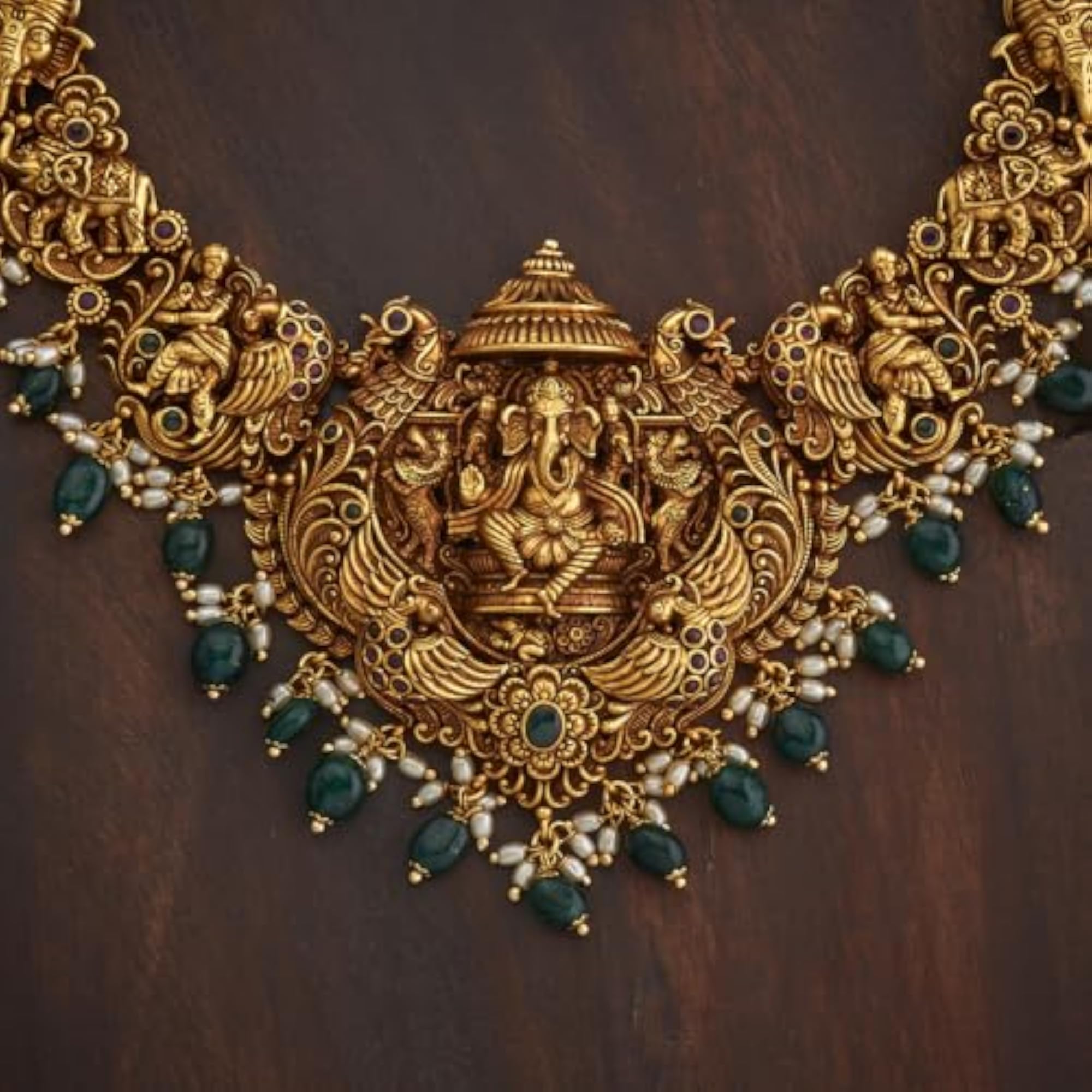 KUSHAL'S Ruby-Green Gold Polished Antique Necklace Set