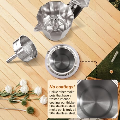 Vaolvpant No Coating 4 Cup Aluminum and Stainless Steel Moka Pot Stovetop Espresso Maker Italian Coffee Machine 220ml 7.44oz Suitable for Gas Induction Stovetop Greca Coffee Maker Percolator Silver