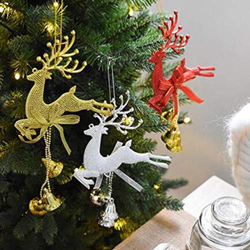 NUOBESTY Christmas Elk with Bells Hanging Ornaments, Glitter Jingle Bell Reindeer Pendant Xmas Tree Decorations Deer Miniatures for Christmas Home Office Party Gift Silver 6pcs