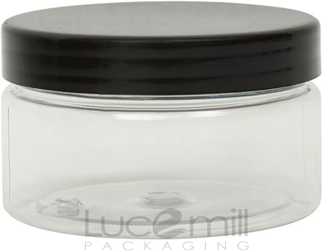 5 x 100mL Clear PET PLASTIC COSMETIC JARS w/BLACK SCREW LIDS for Creams/Liquids/Make Up/Travel/Oils